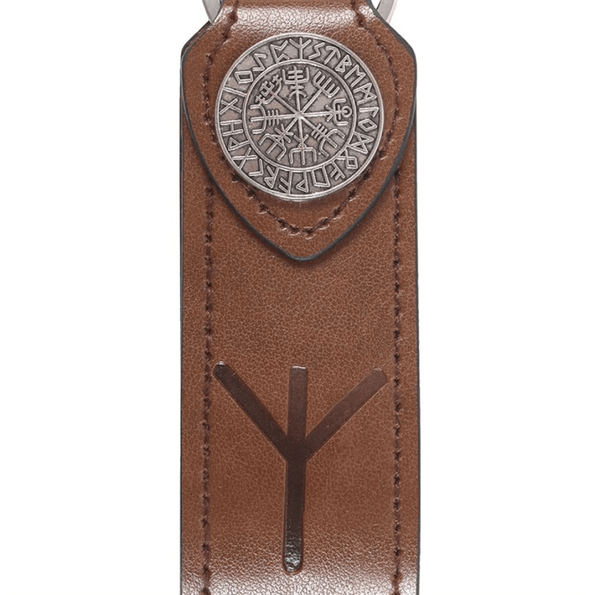 Brown leather keychain with silver emblem and 'Y' symbol on a white background
