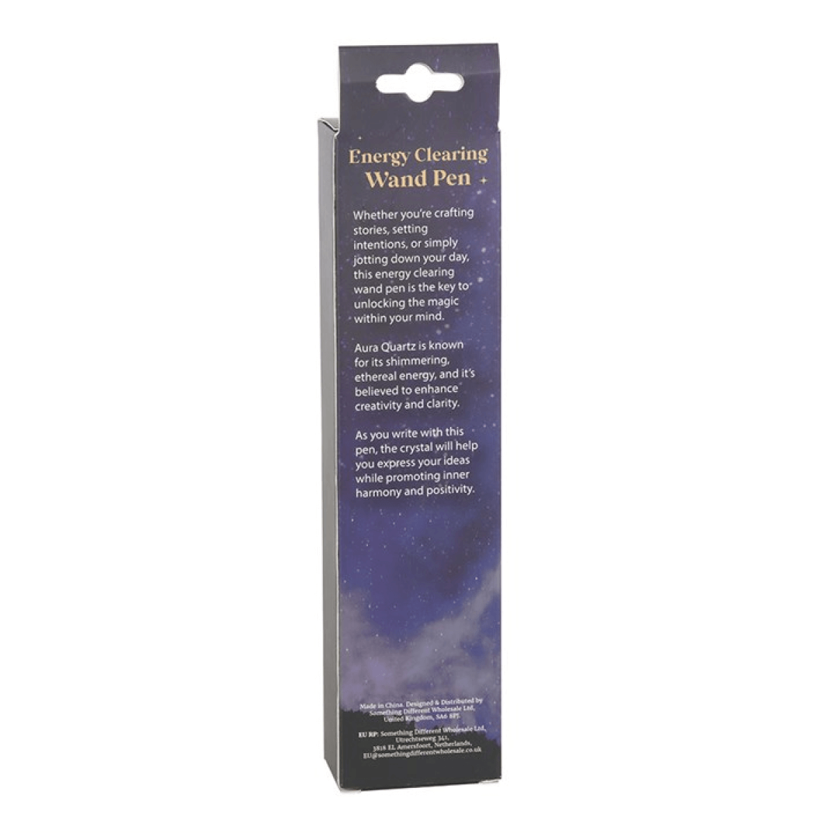 Packaging of an Energy Clearing Wand Pen with text on a white background