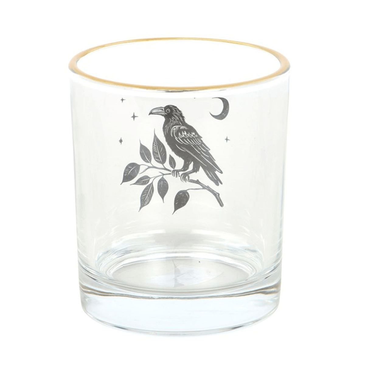 Clear glass tumbler with gold rim and engraved bird design on a white background