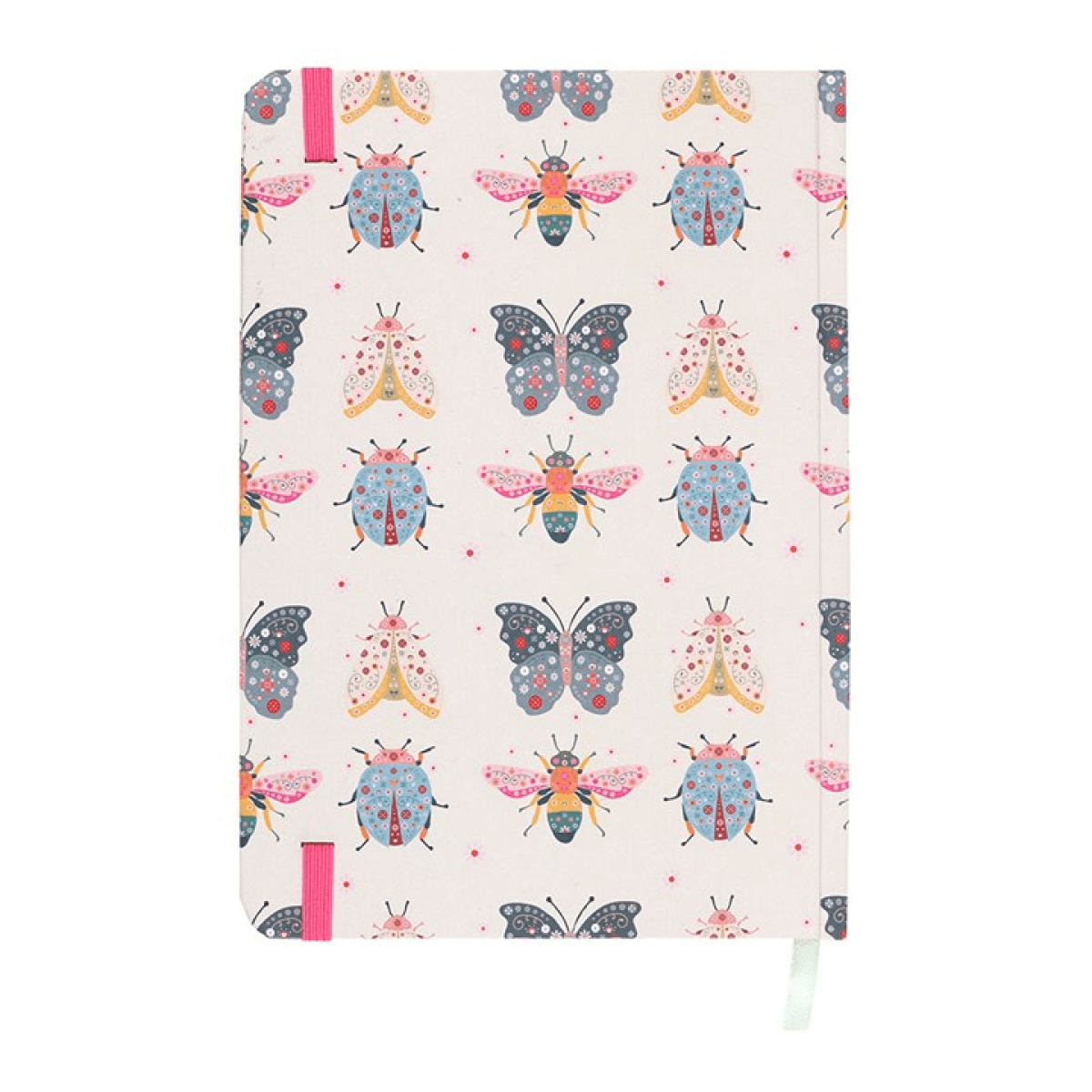 Notebook with colorful butterfly and bee pattern on a white background
