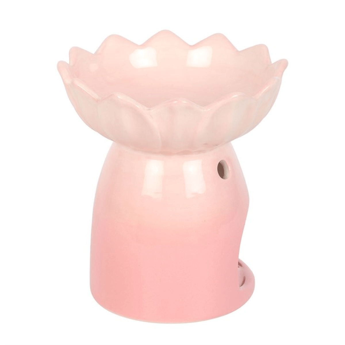 Pink ceramic oil burner with lotus design on a white background