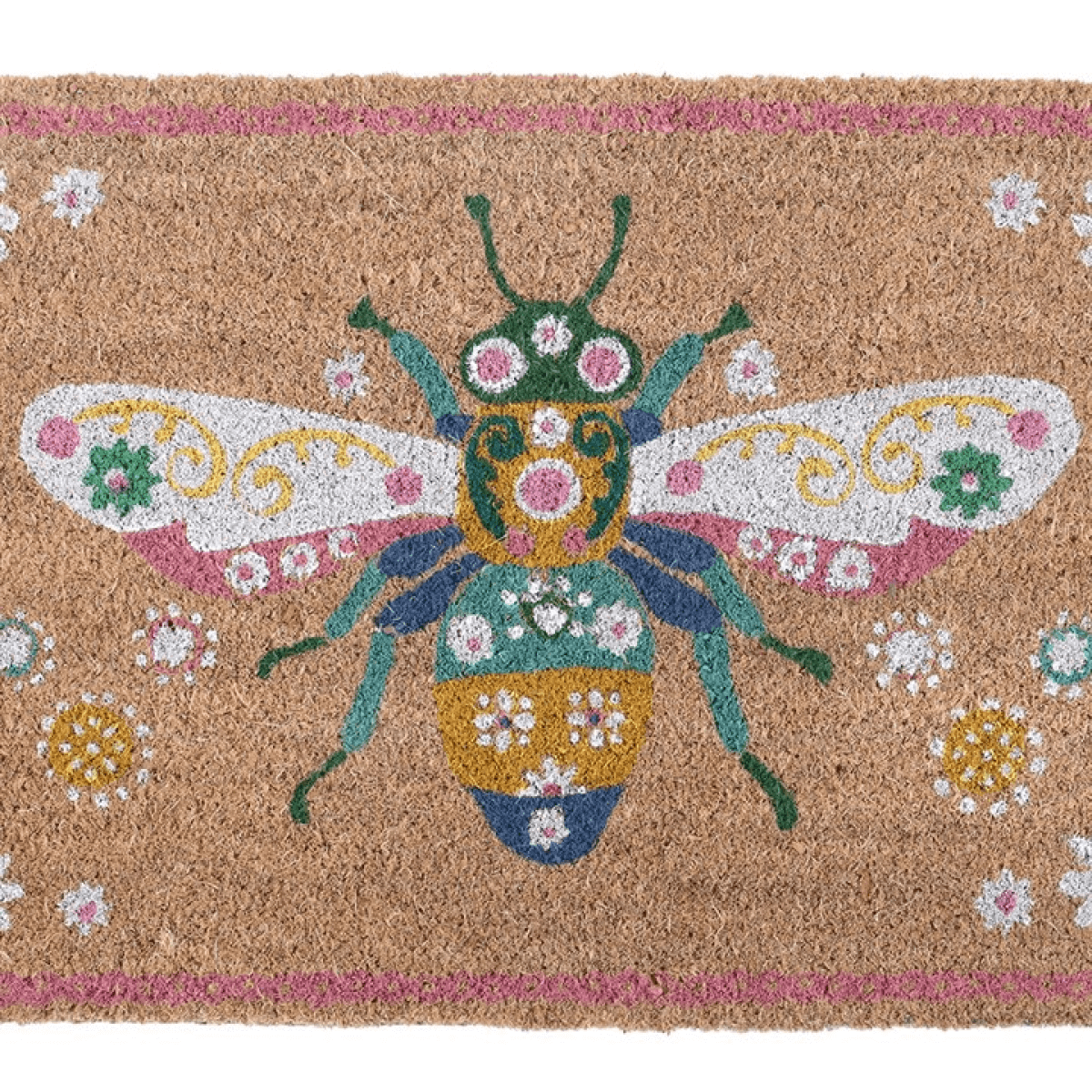 Doormat with a colorful bee design on a brown background
