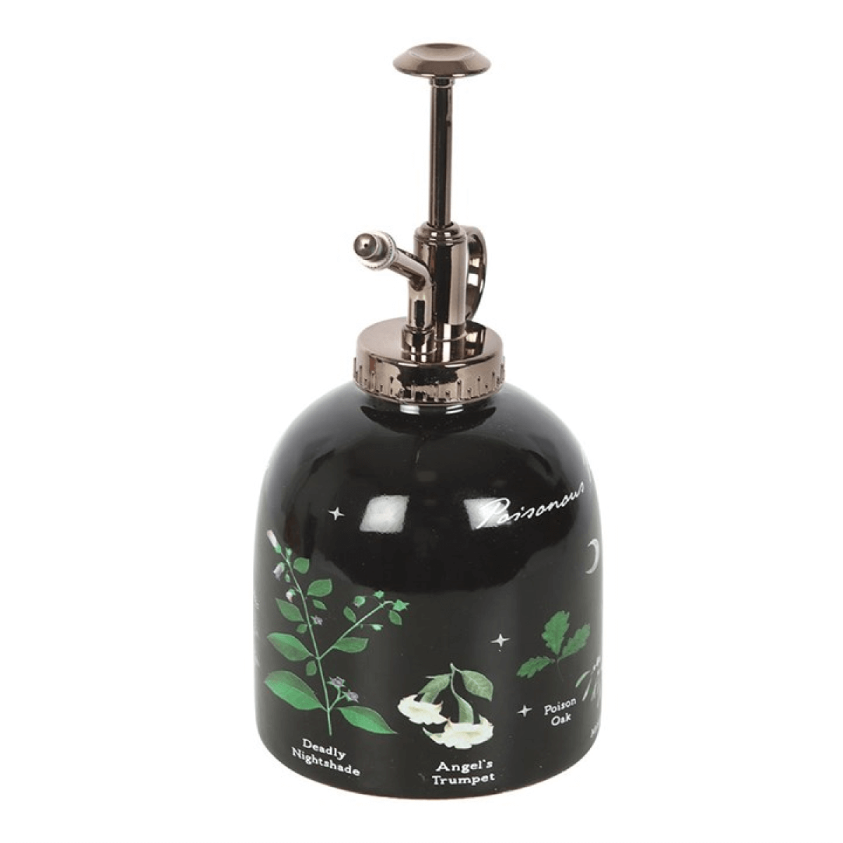 Black ceramic oil dispenser with botanical designs on a white background