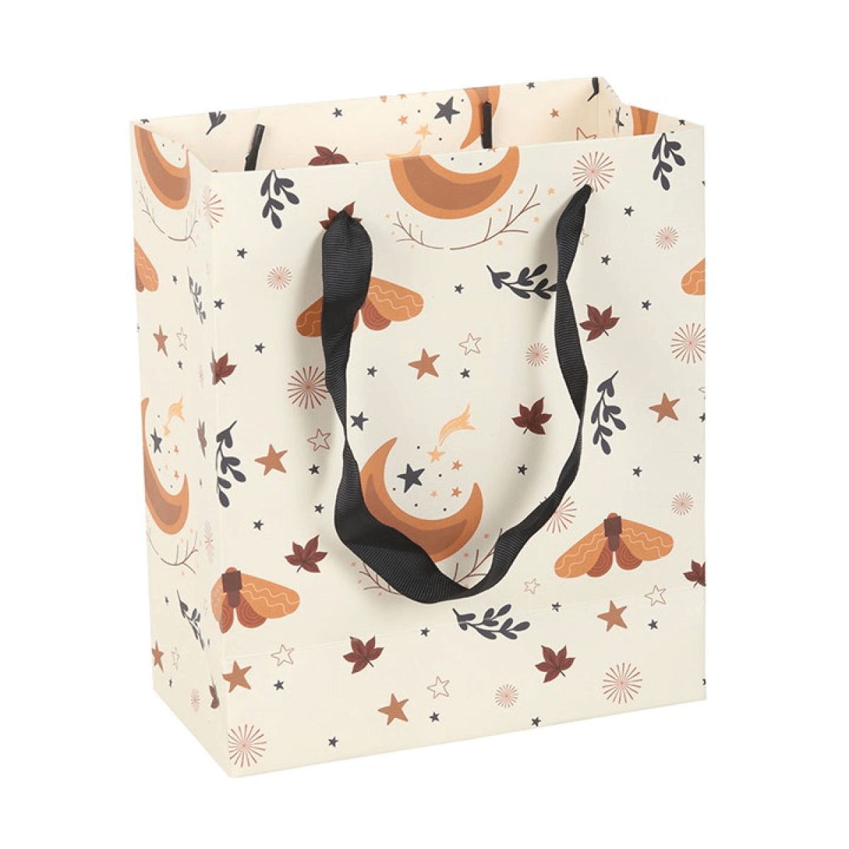 Gift bag with moth and leaf pattern on a white background