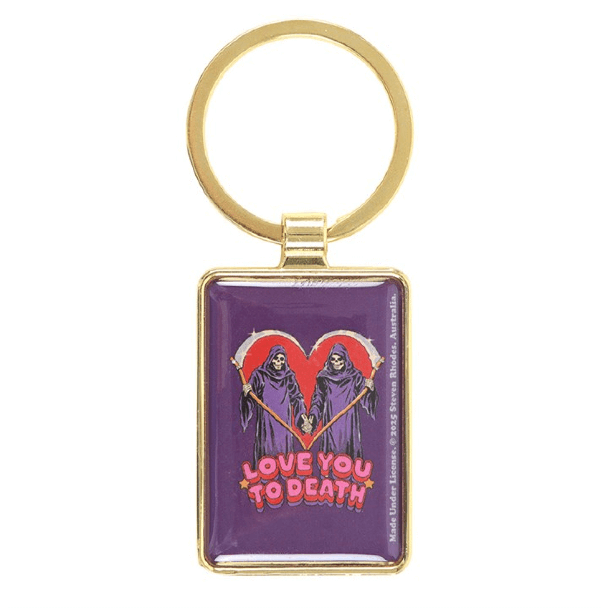 Keychain with a design of two skeletons in a heart shape and 'Love You to Death' text on a purple background.