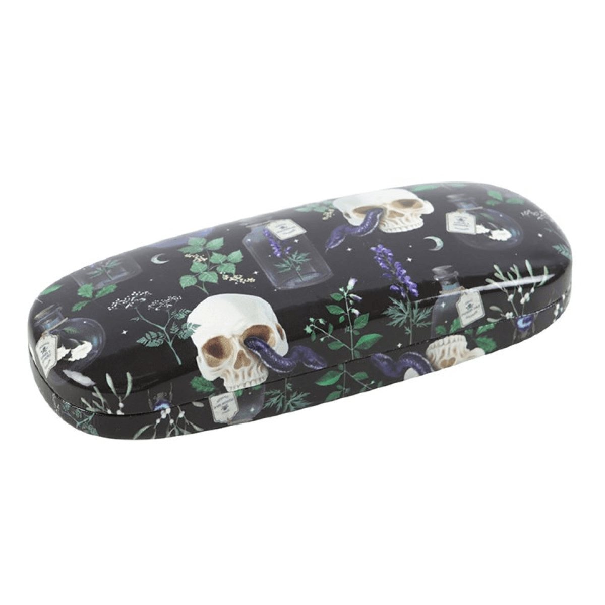 Oval-shaped glasses case with skull and floral design on a white background