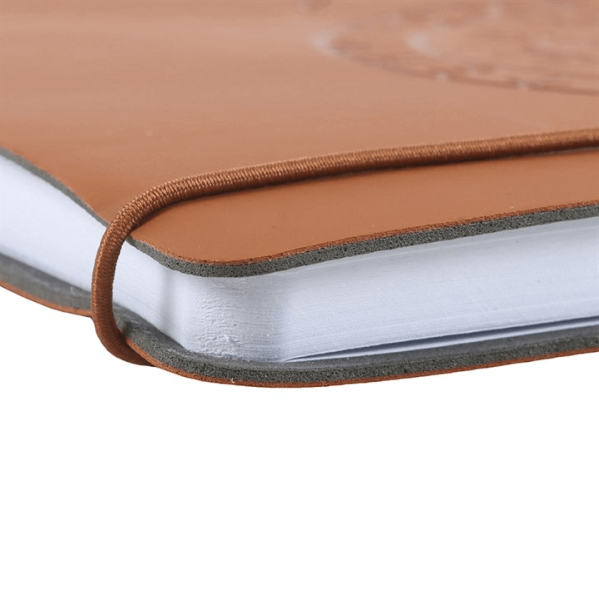 Close-up of a brown leather-bound book corner on a white background