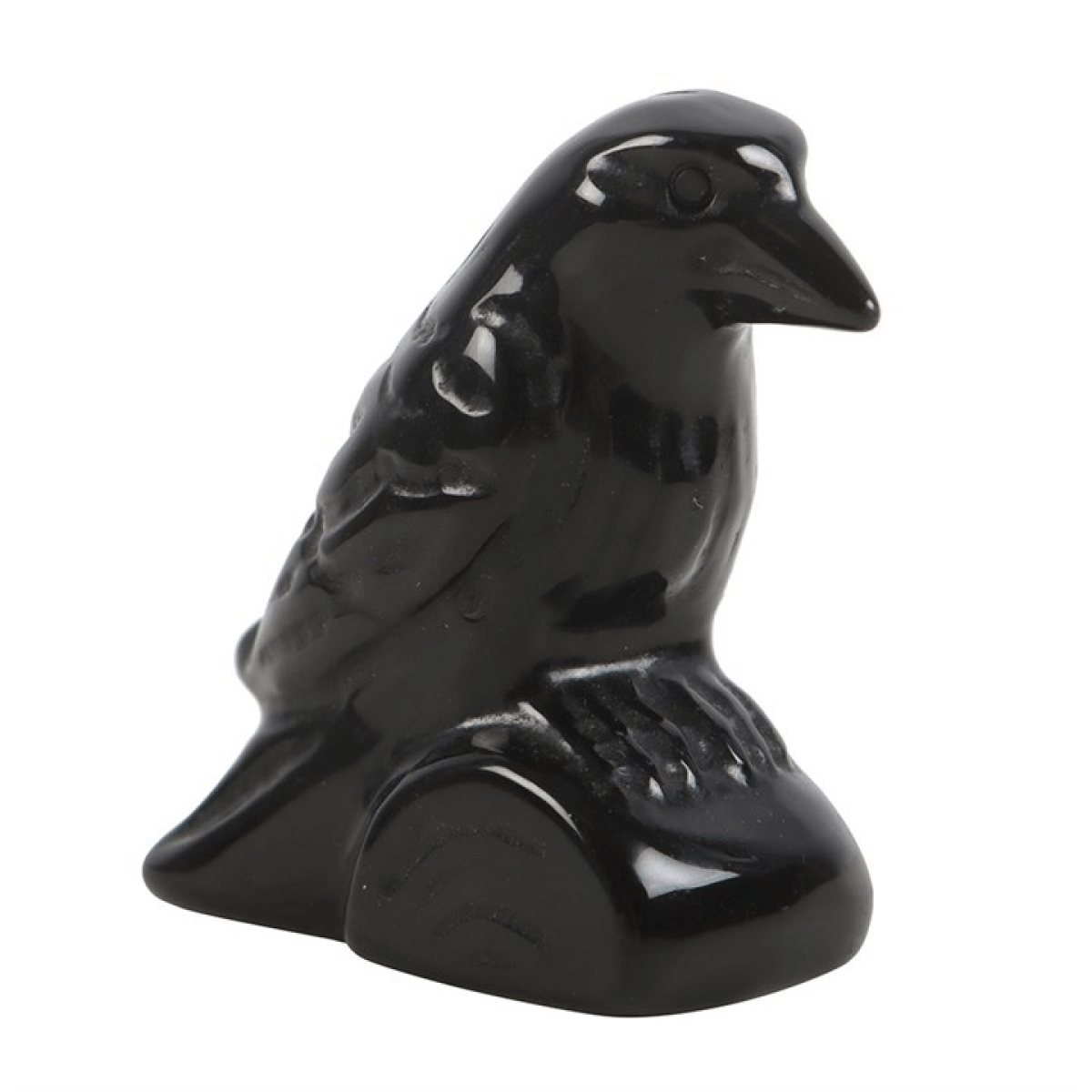 Black ceramic bird figurine on a white background