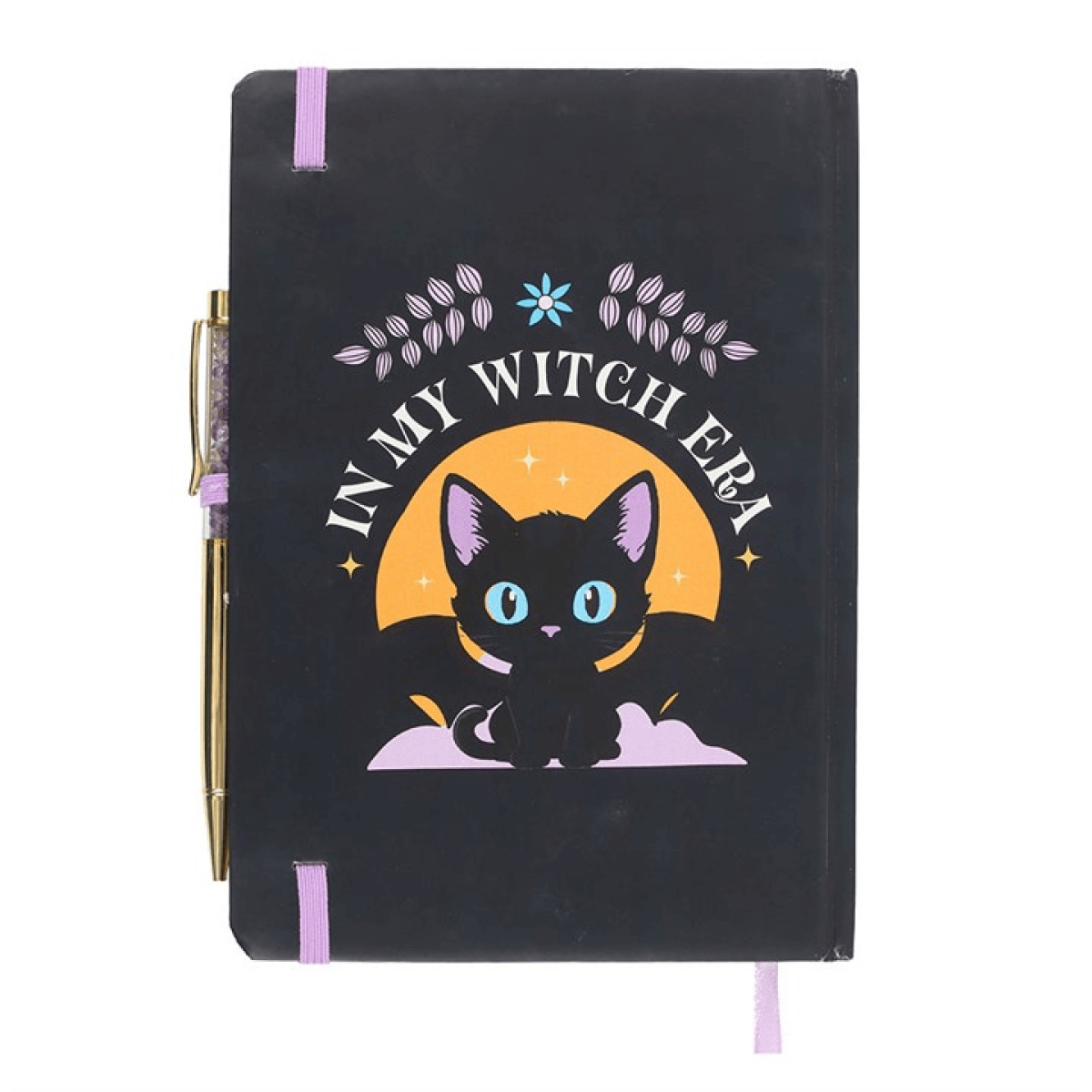 Black notebook with a cat illustration and 'In My Witch Ery' text on a white background