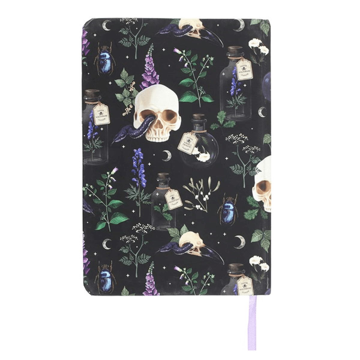 Notebook with skull and potion design on a dark background