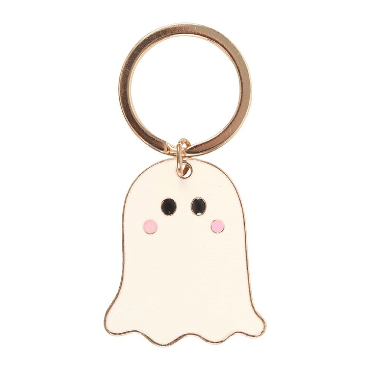 Ghost-shaped keychain with a gold ring on a white background