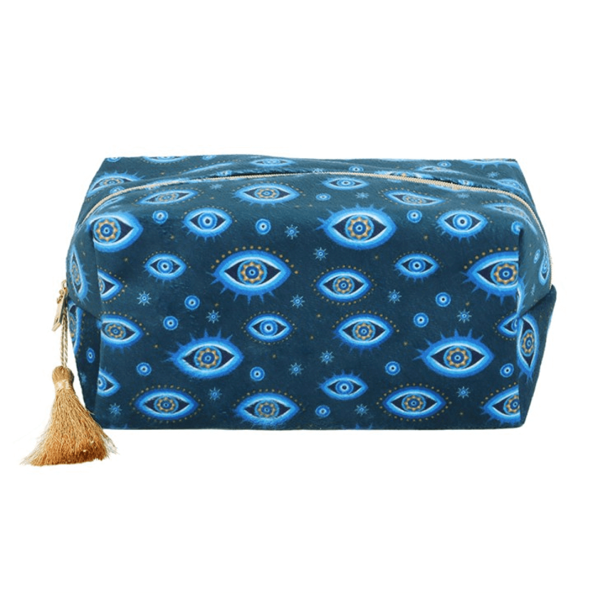 Blue pouch with eye pattern and tassel on a white background