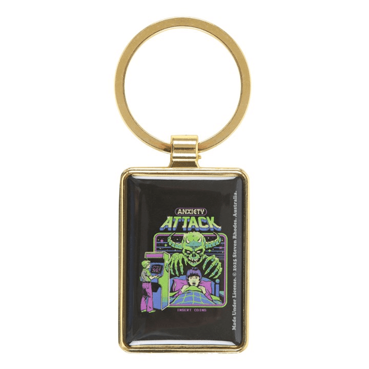 Keychain with 'Anxiety Attack' design on a black background