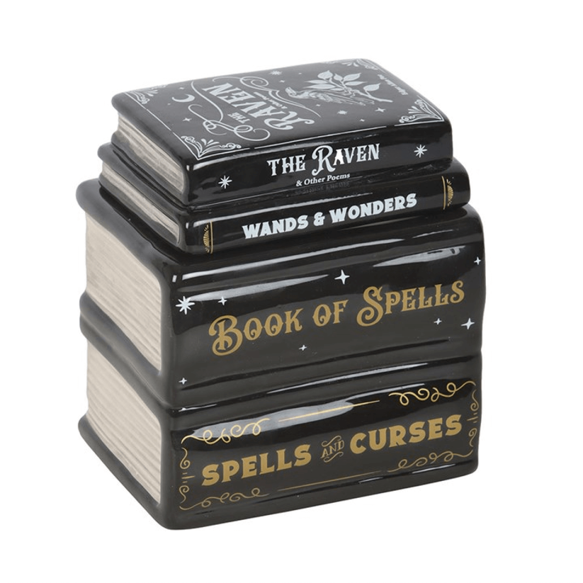 Book of Spells Oil Burner designed like stacked spell books for magical fragrances and gothic decor.