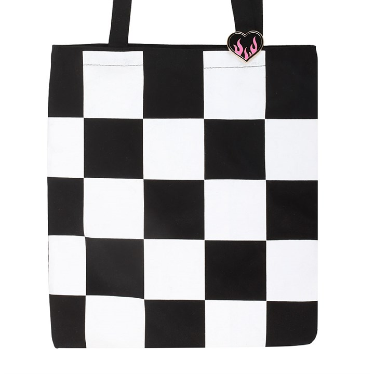 Checkerboard Print Polycotton Tote Bag with Enamel Heart Pin Badge N/A