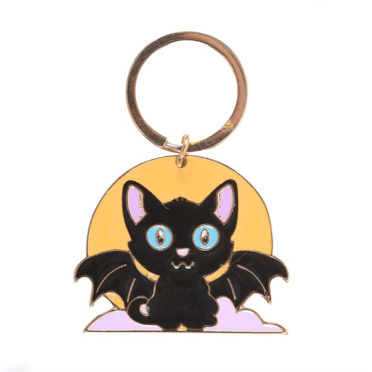 Keychain with a black cat design on a yellow background