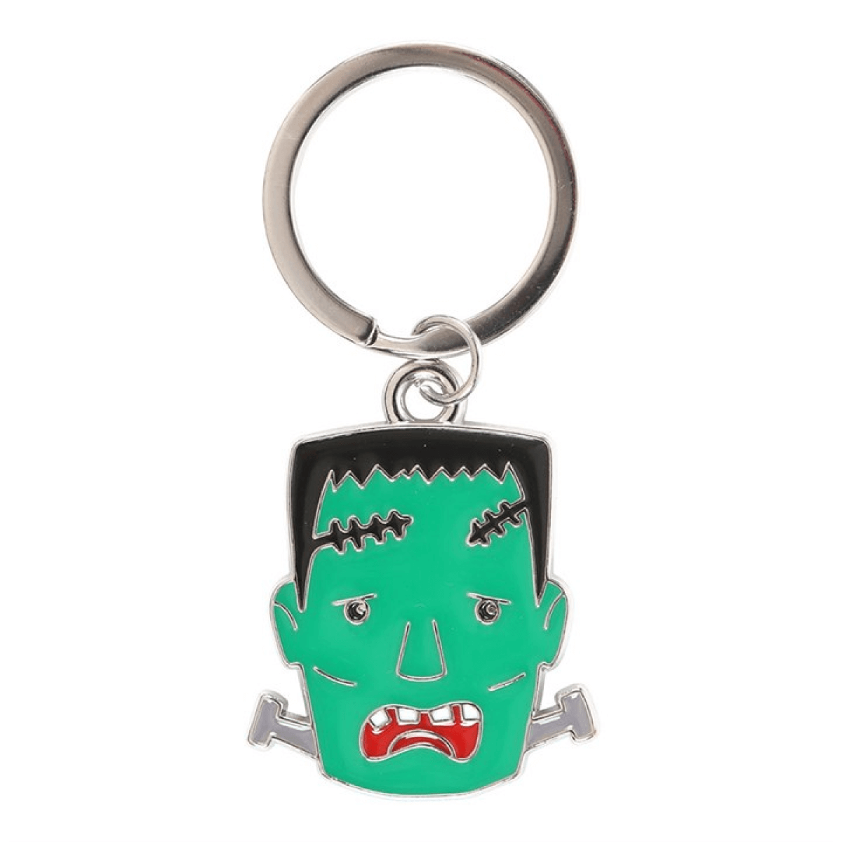 Keychain with a green monster face design on a white background