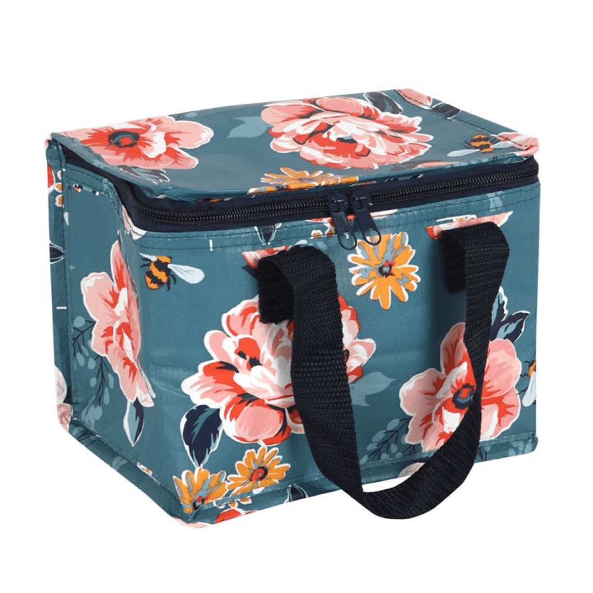 Floral-patterned cooler bag with black handles on a white background