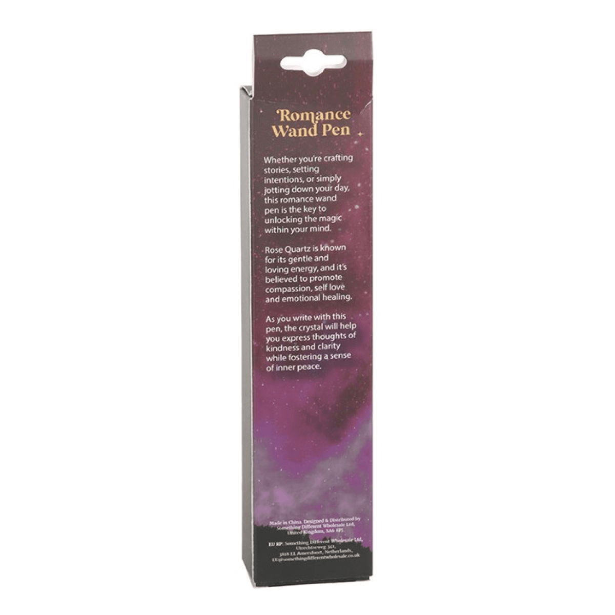 Packaging of a 'Romance Wand Pen' with text on a white background