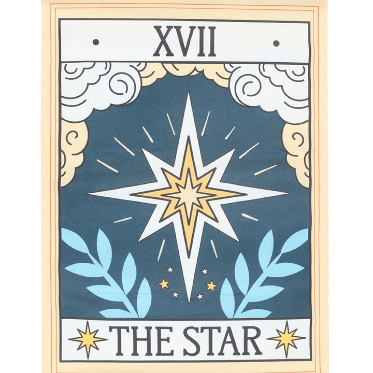 Tarot card titled 'The Star' with a star design and decorative elements on a blue background.