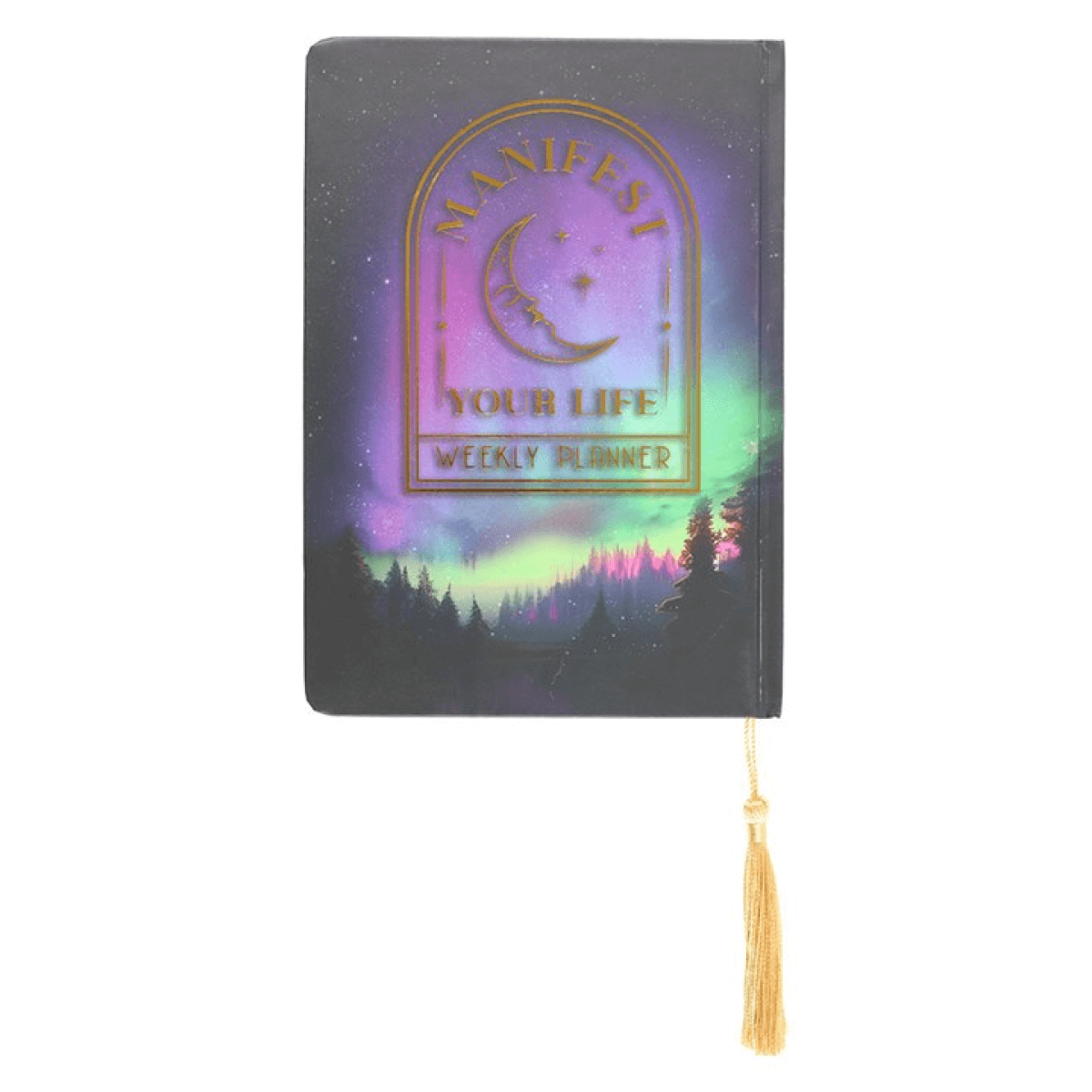 Weekly planner with 'Manifest Your Life' text, purple and green gradient design, and gold tassel on a white background.