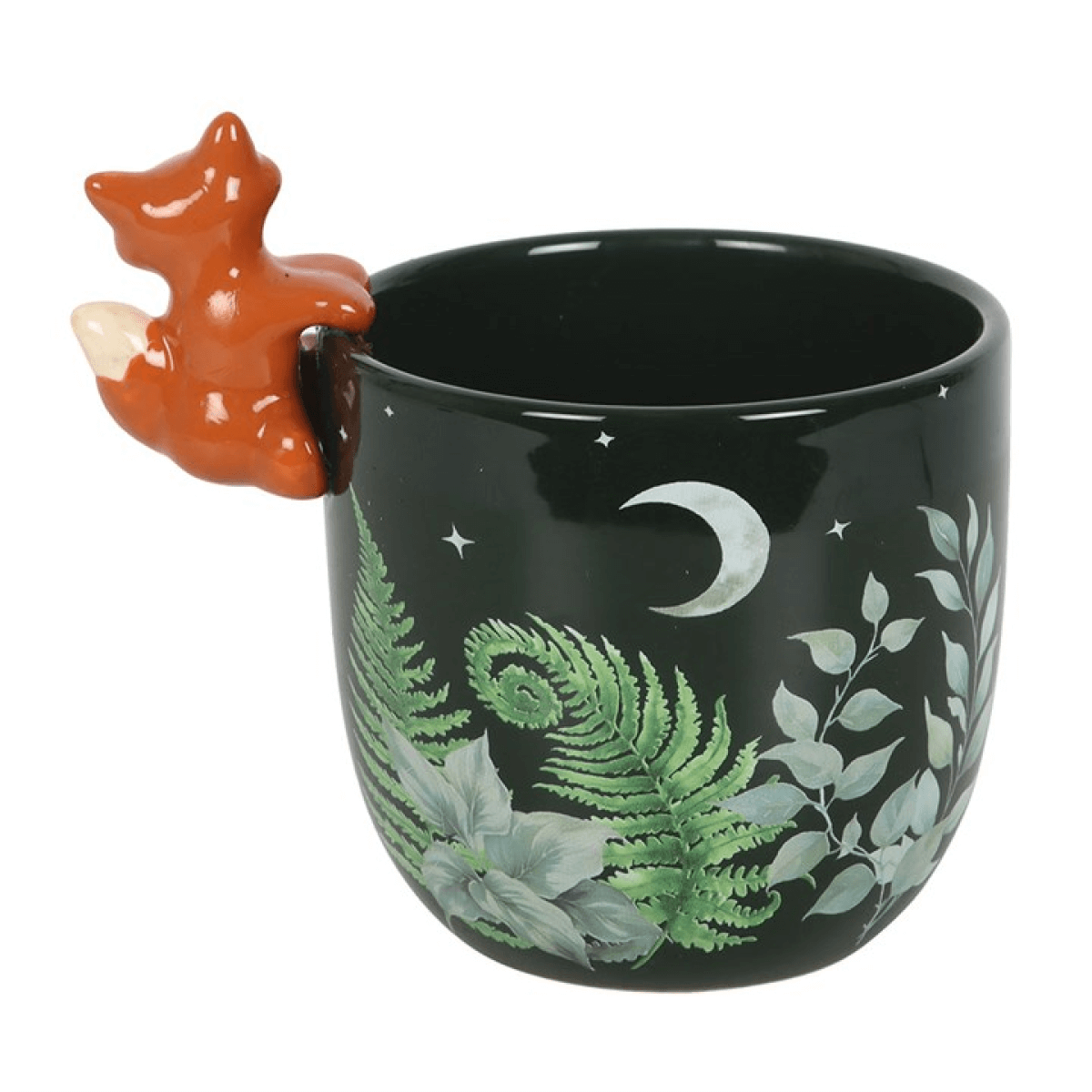 Black mug with a fox handle and nature-themed design on a white background