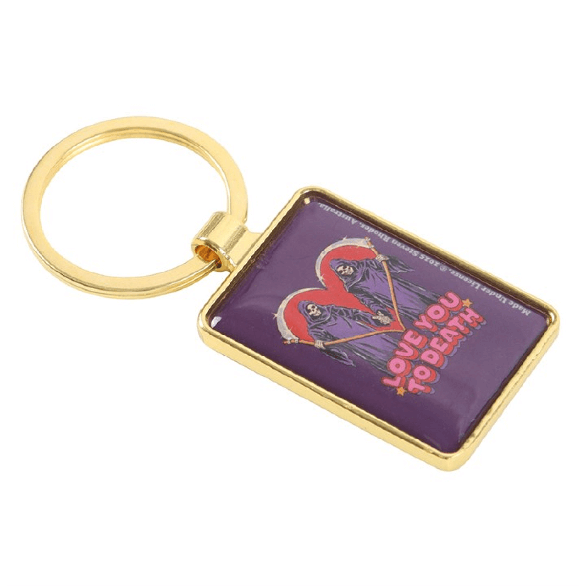 Keychain with purple heart design and 'Love You to Death' text on a white background