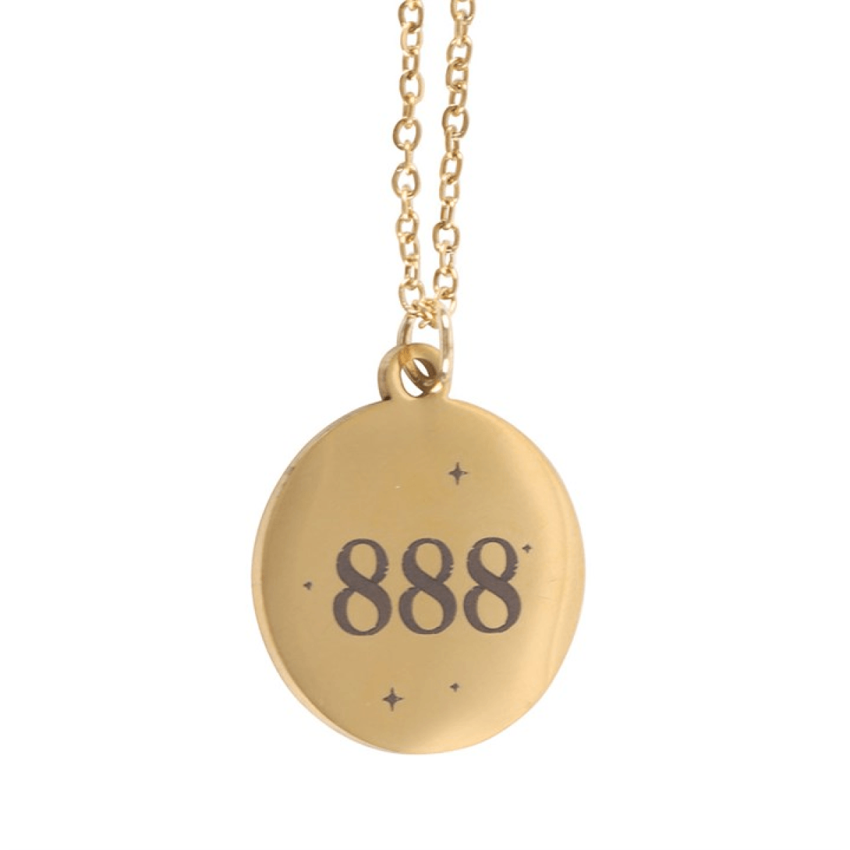 Gold 888 Angel Number Abundance Necklace featuring a circular pendant with the number 888.