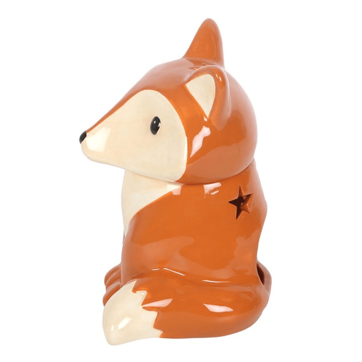 Ceramic fox-shaped container with a star on a white background