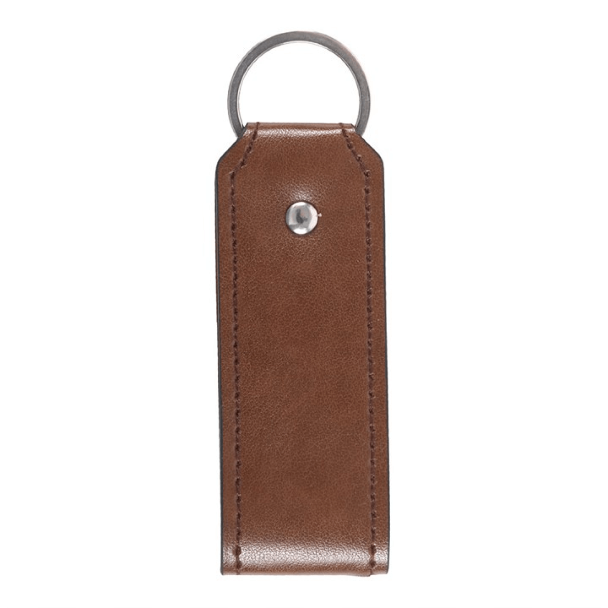 Brown leather key fob with a metal ring on a white background