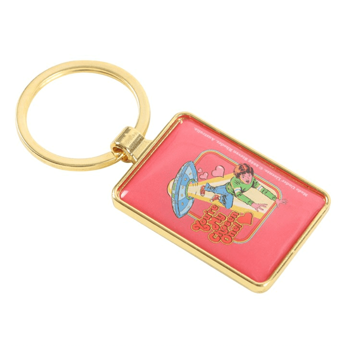 Keychain with a colorful design on a pink background