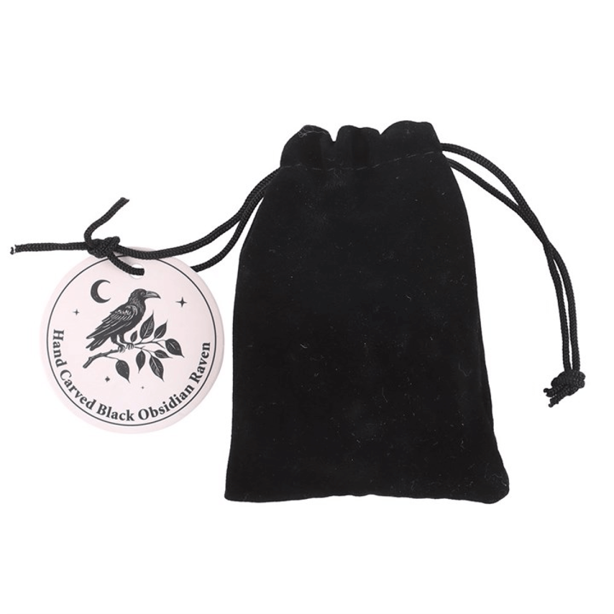 Black drawstring pouch with a branded label on a white background