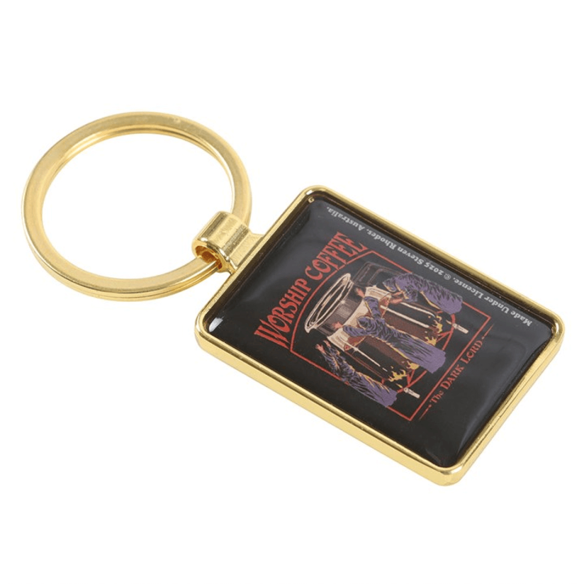 Gold keychain with a black rectangular tag featuring an illustration of a coffee pot and text.