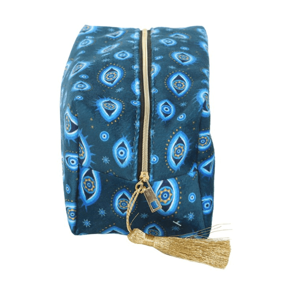 Blue patterned pouch with a gold zipper and tassel on a white background