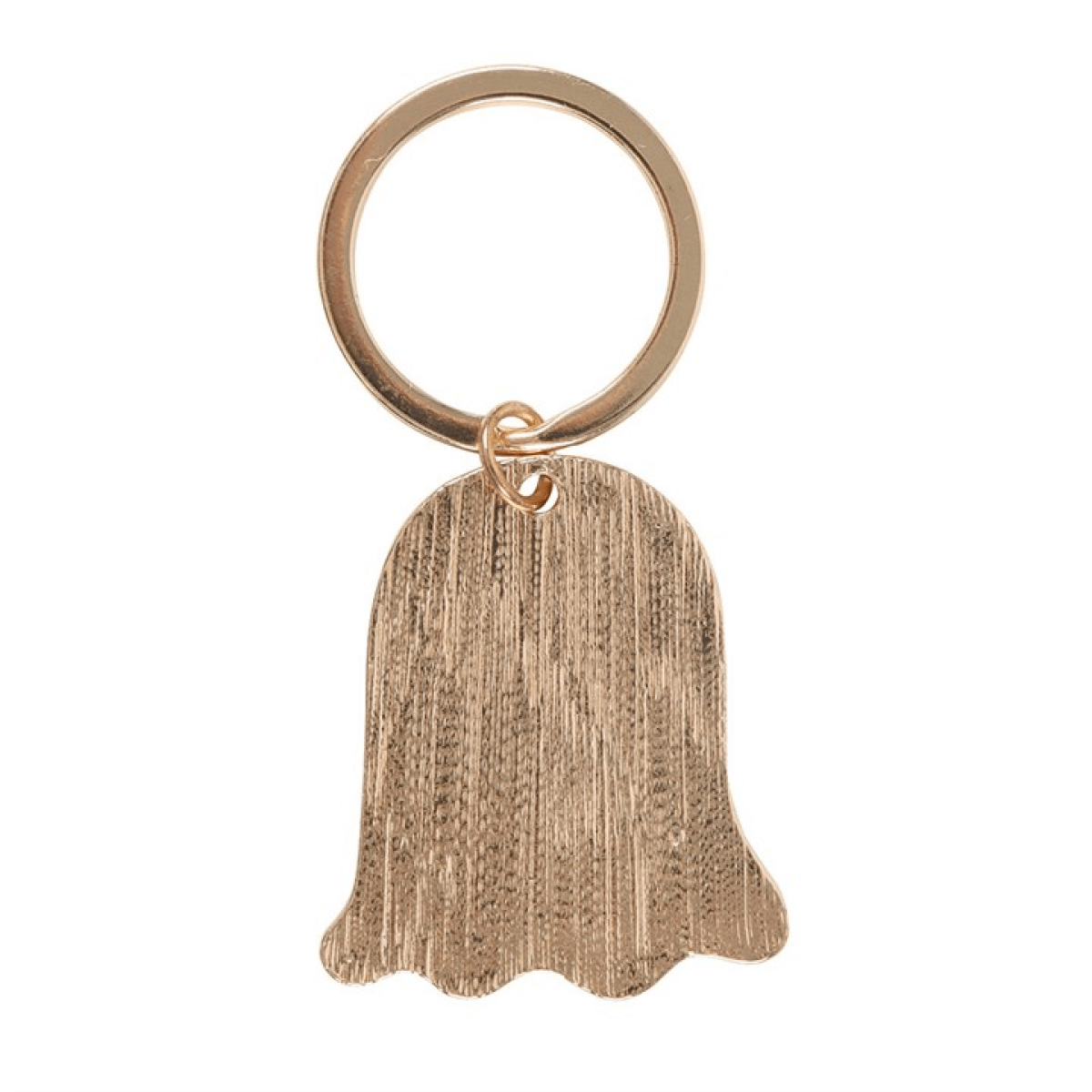 Gold bell-shaped keychain on a white background