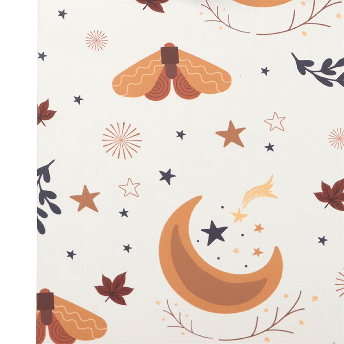 Pattern with orange moths, stars, and leaves on a white background