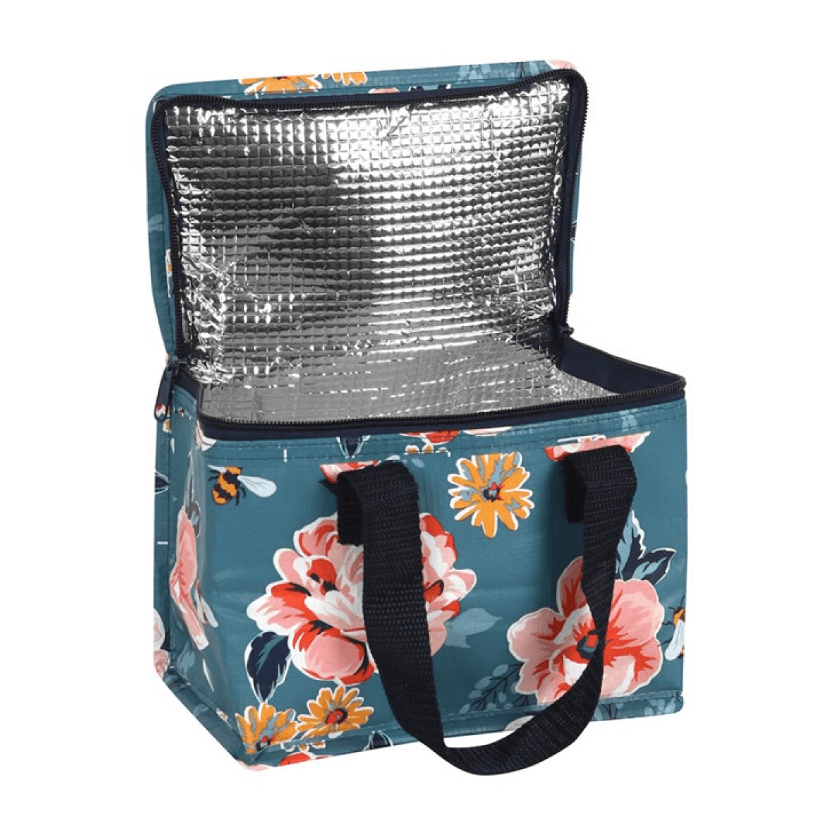 Floral-patterned insulated cooler bag on a white background