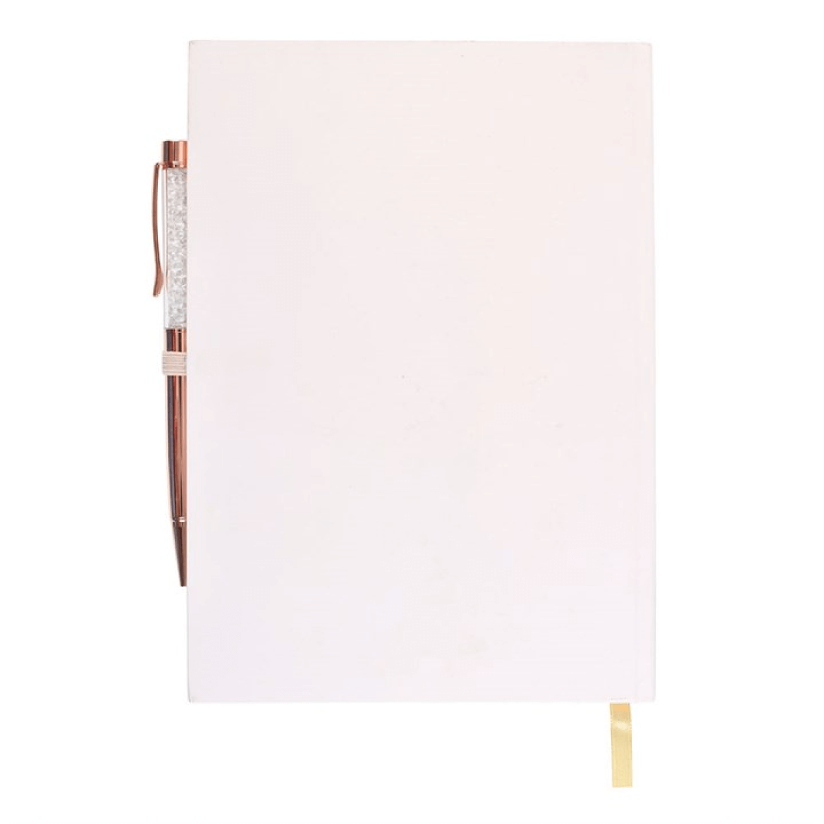 White notebook with a decorative pen on a white background