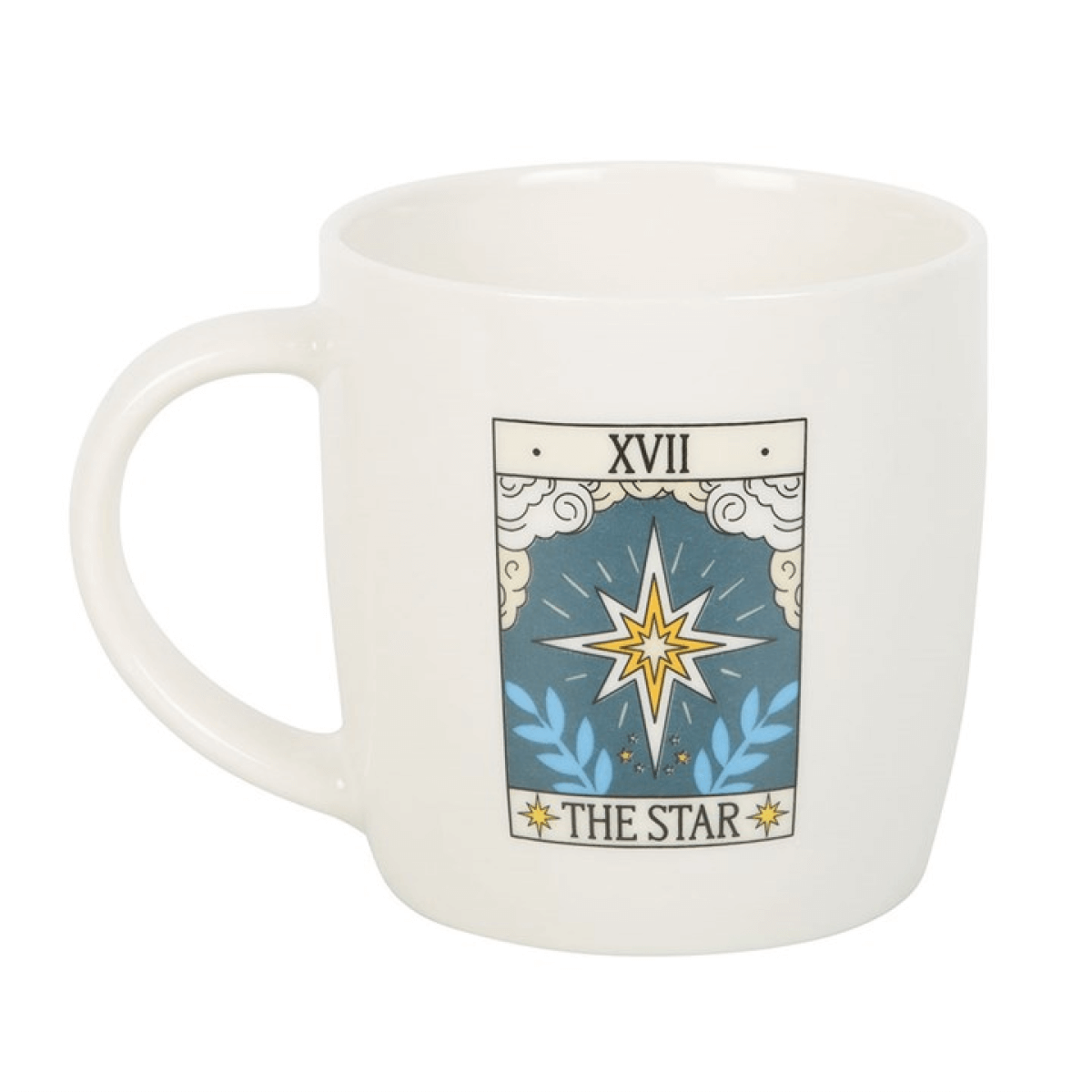 White mug with 'The Star' tarot card design on a white background