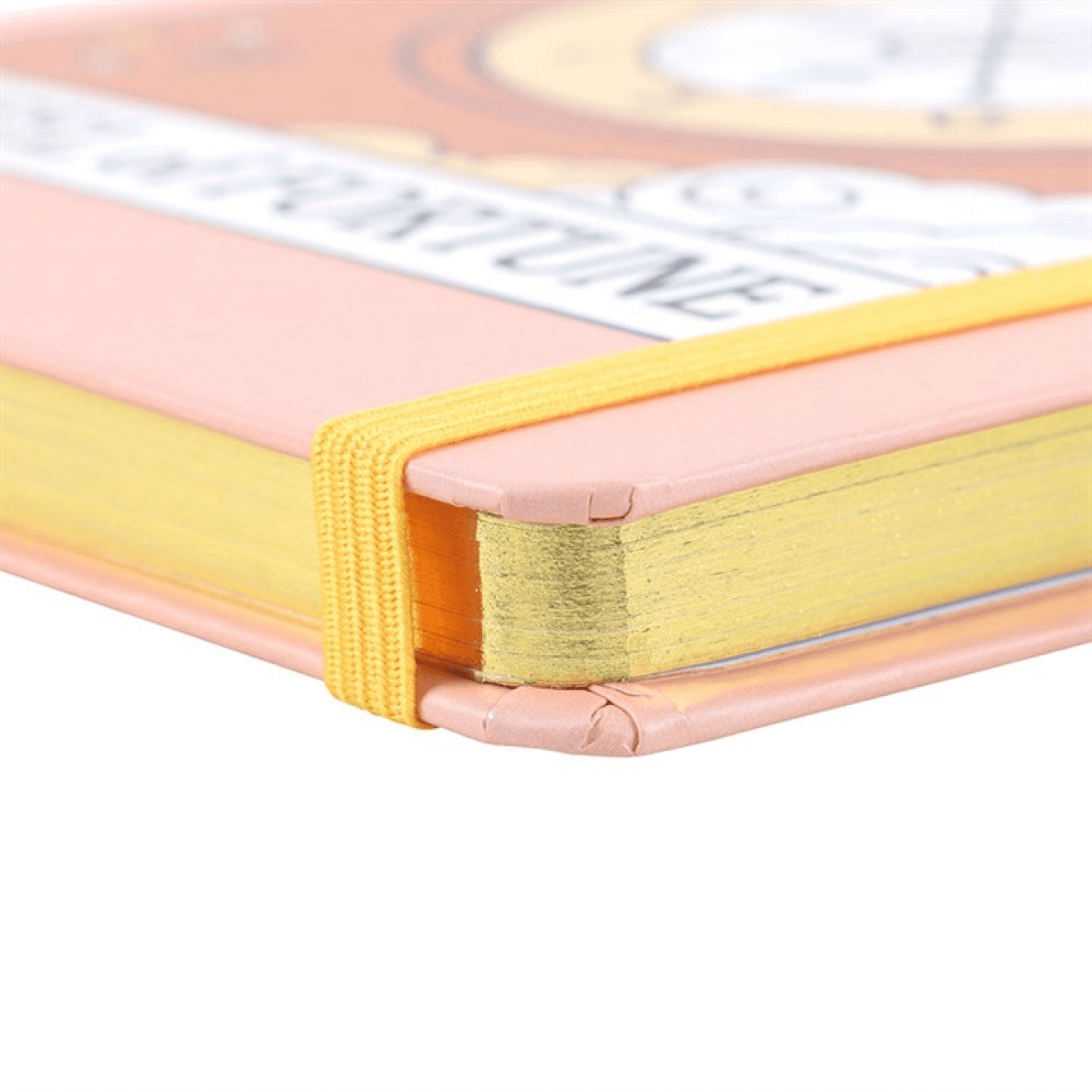 Close-up of a pink notebook with a yellow elastic band on a white background