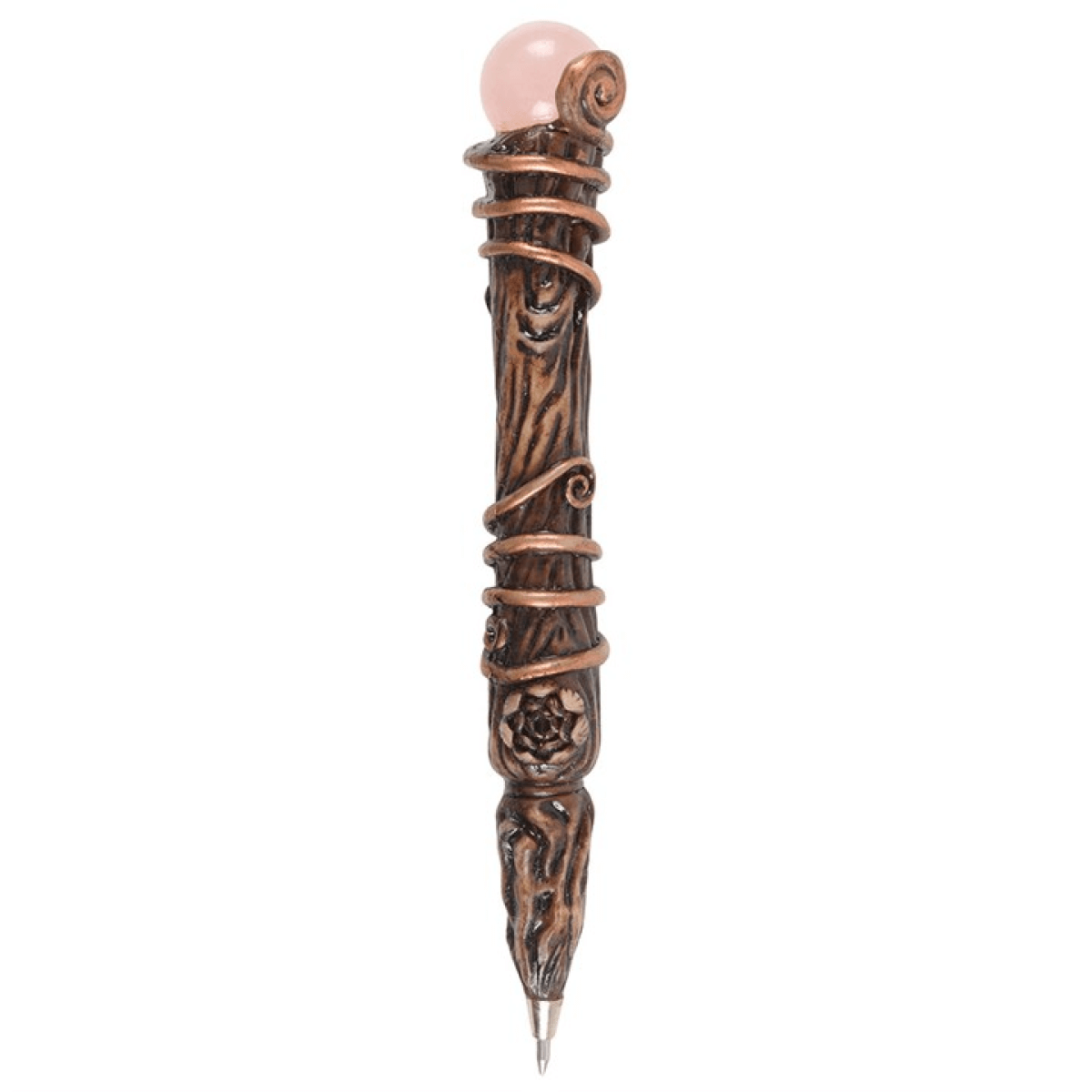 Decorative pen with a wooden handle and pink gemstone on a white background