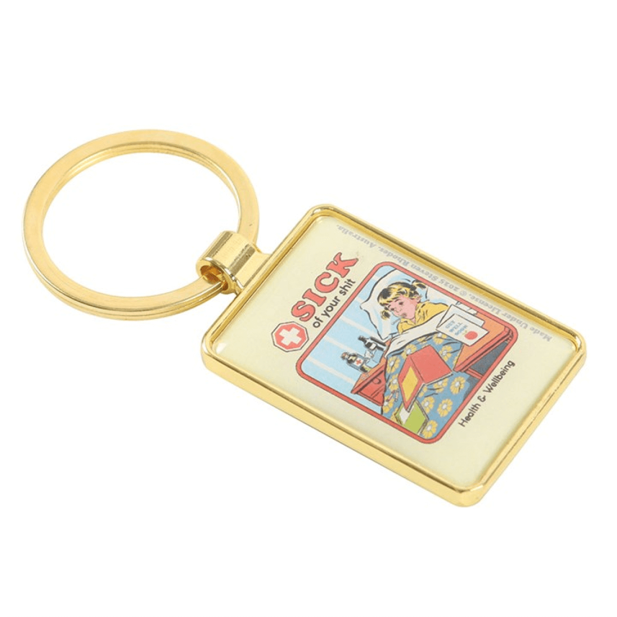 Keychain with a card design featuring a character and text on a white background