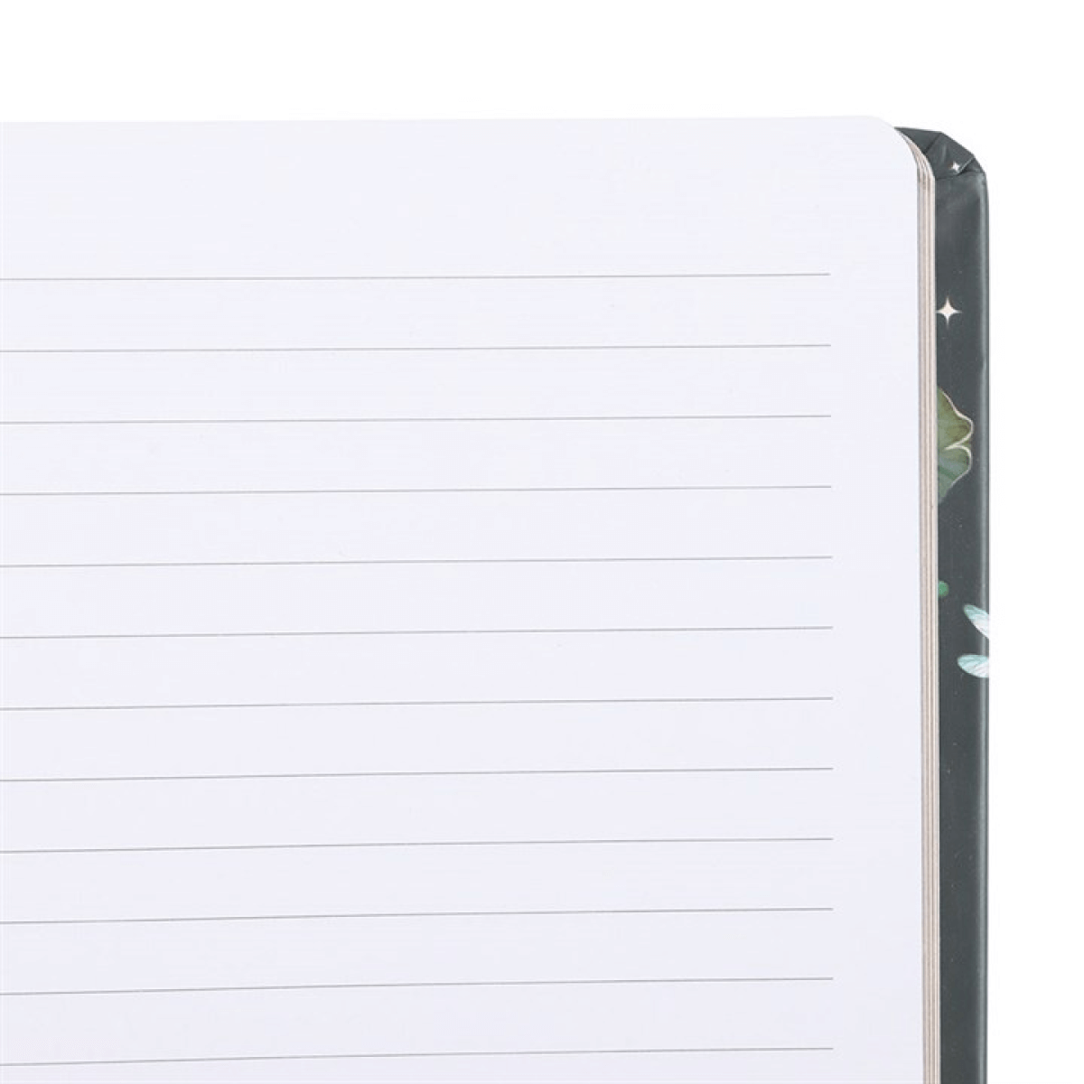 Notebook with lined pages and a metallic corner on a white background