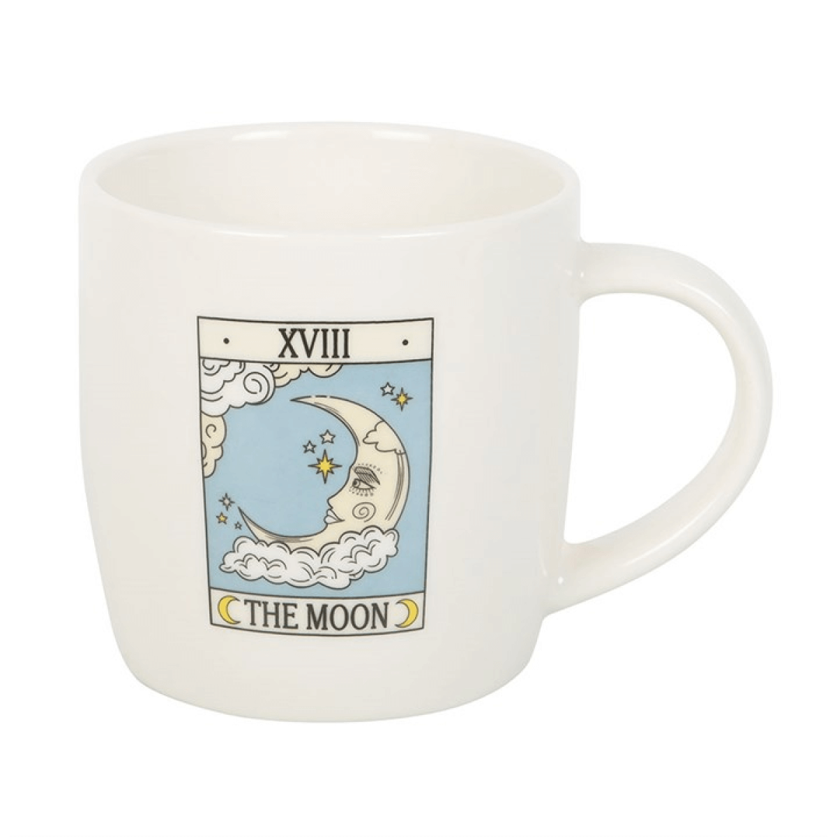 White mug with 'The Moon' tarot card design on a white background