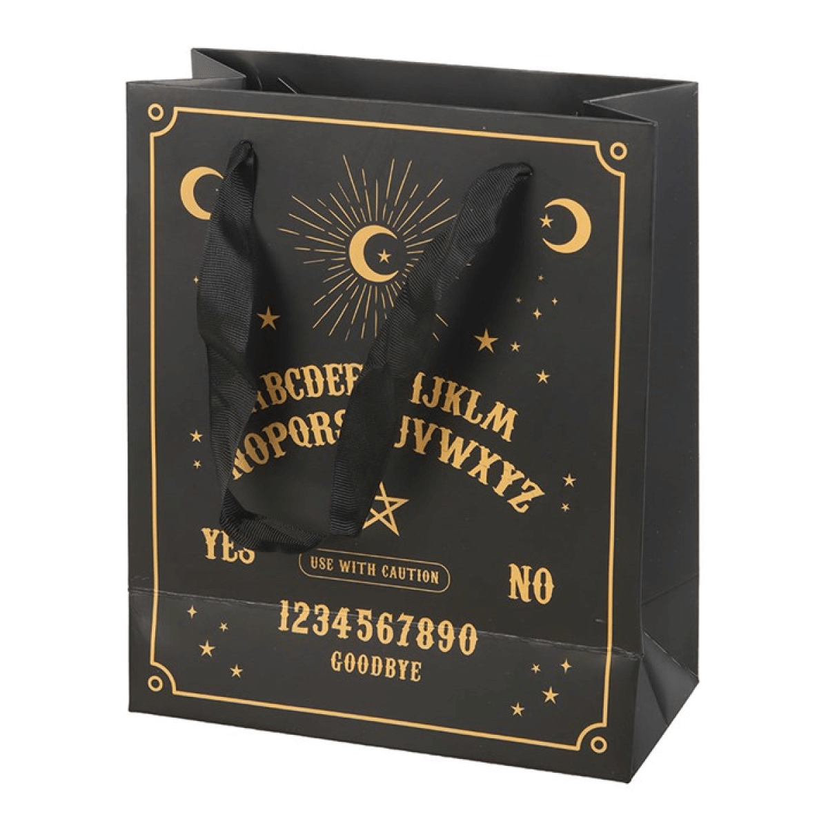 Black gift bag with gold lettering and symbols on a white background