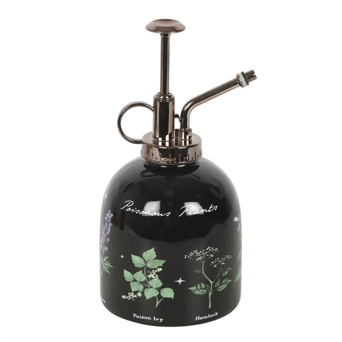 Black decorative oil or vinegar dispenser with botanical illustrations on a white background