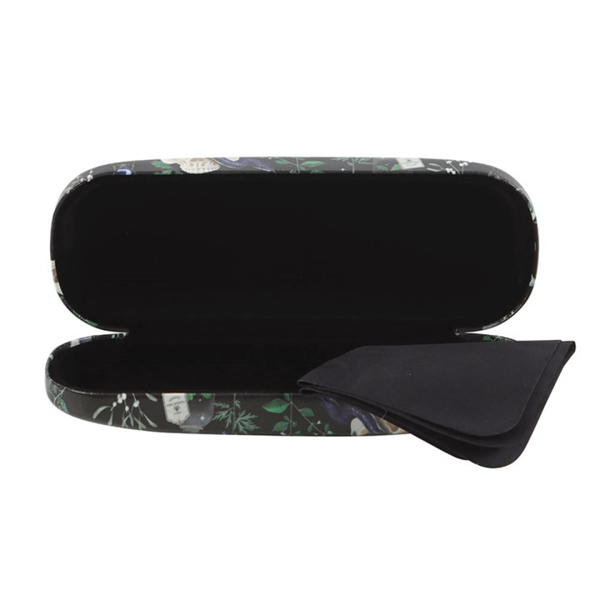 Black eyeglass case with floral pattern on a white background