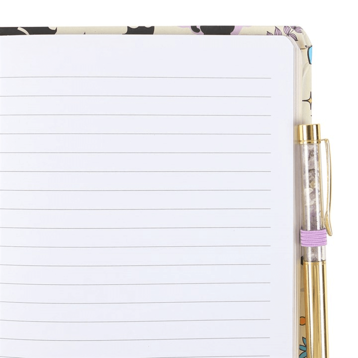 Notebook with floral design on the cover and a pen with a floral design on the side.