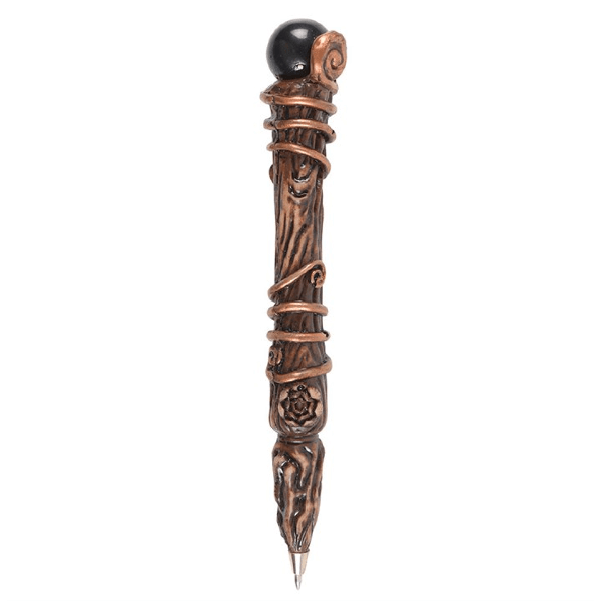 Decorative pen with intricate design and black cap on a white background