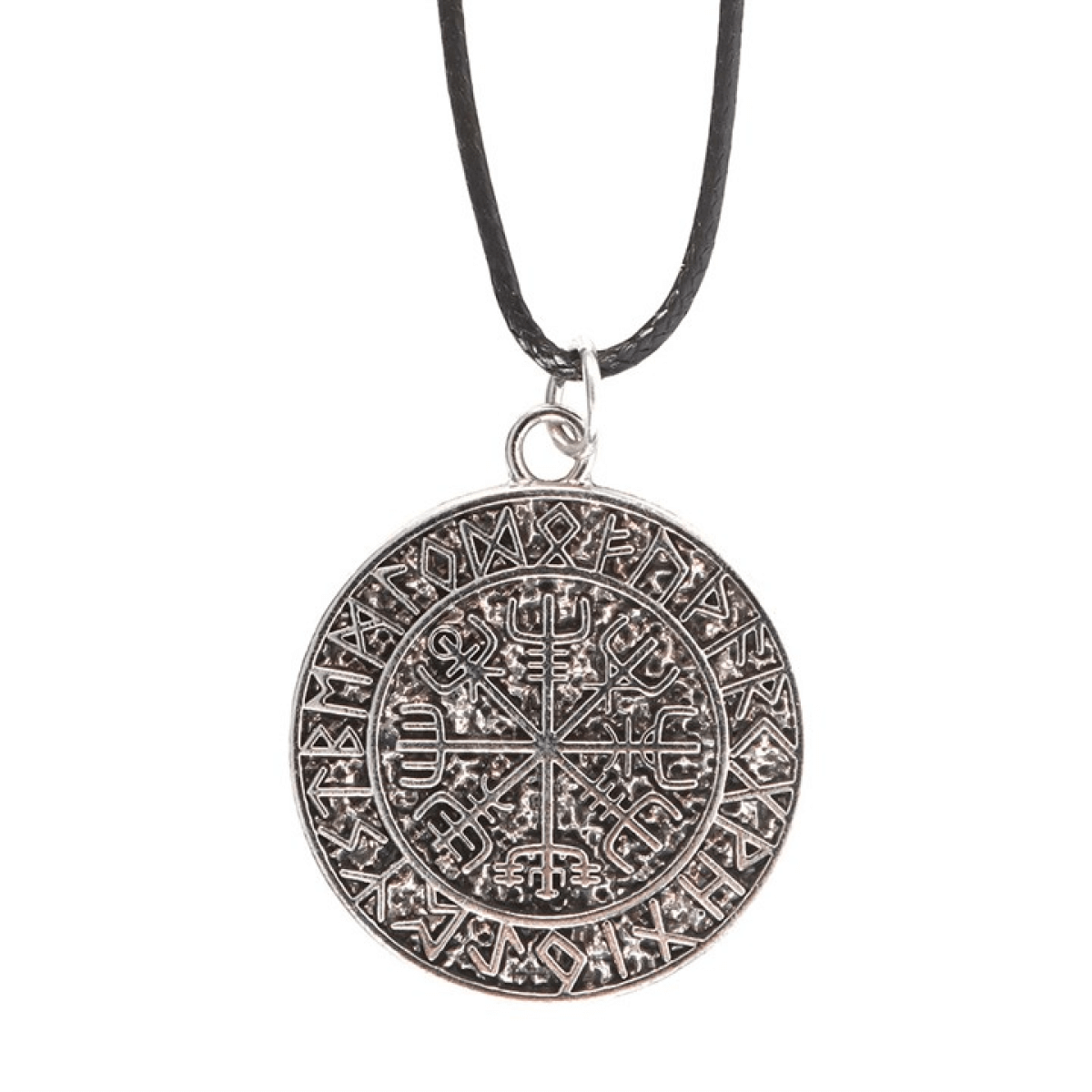 Silver pendant with intricate design on a black cord against a white background